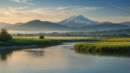 Morning view of a mountain landscape with a river in the foregroundの写真素材