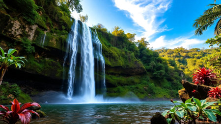 Waterfall in the jungle of Bali, Indonesia. Panorama