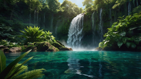 Waterfall in the tropical forest, Thailand. Panoramic view.