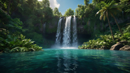 Panoramic view of waterfall in tropical forest. 3d rendering