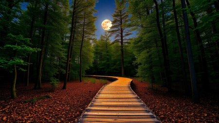 Wooden path in the forest at night with full moon in the sky