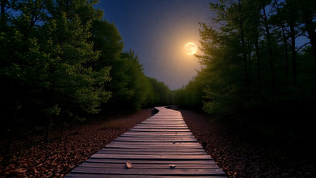 Wooden walkway in the forest at night with full moon.