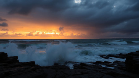 Dramatic sunset over the ocean with waves breaking on the rocksの写真素材