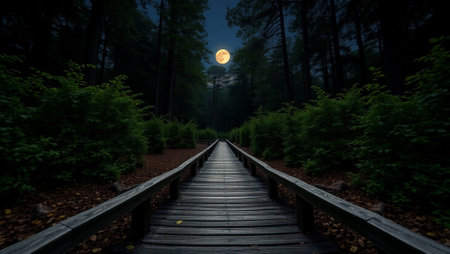 wooden boardwalk in the forest at night with a full moonの写真素材