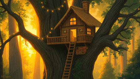 Fantasy landscape with old wooden house in the forest. 3d illustrationの写真素材