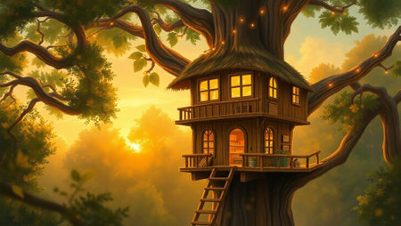 Fantasy landscape with wooden house in the forest. 3d illustrationの写真素材