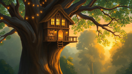 Illustration of a fairy tale house in the forest at sunset.の写真素材