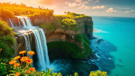 Beautiful view of Uluwatu waterfall on Bali island, Indonesiaの写真素材