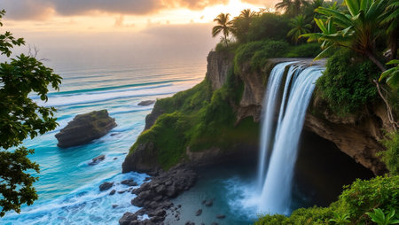 Waterfall at sunset on the island of Kauai, Hawaii.