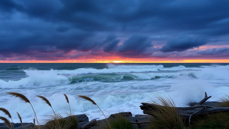 Beautiful sunset over the sea. Dramatic sky, long exposureの写真素材