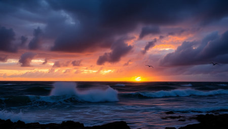 Dramatic sunset on the Atlantic Ocean, in Tenerife, Spainの写真素材