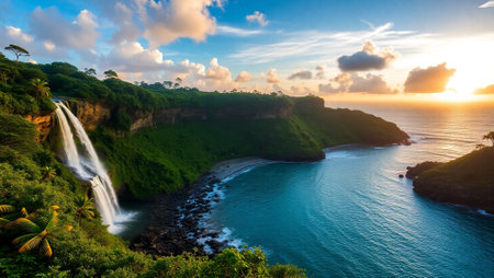 Tropical waterfall at sunset, Nusa Penida, Bali, Indonesiaの写真素材