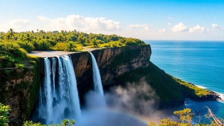 Tropical waterfall in Sri Lanka. Panoramic view.の写真素材