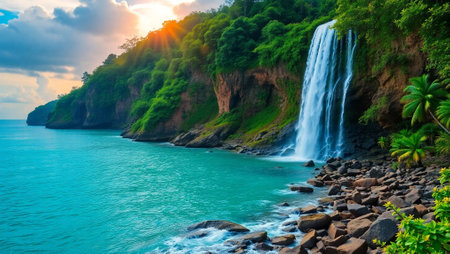 Beautiful waterfall on the seashore, Koh Samui, Thailandの写真素材