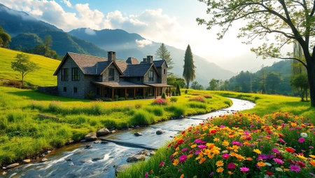 Landscape of rice field in the morning with mountain and house.の写真素材