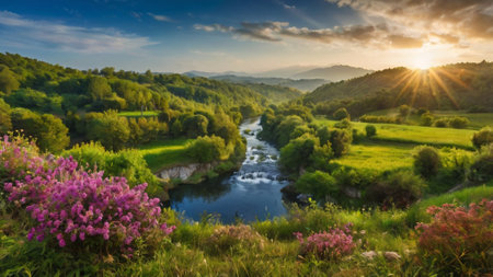 Beautiful summer landscape with river and pink flowers. Panoramic view.の写真素材