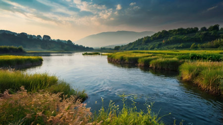 Beautiful landscape with river and mountains in the background at sunset.の写真素材