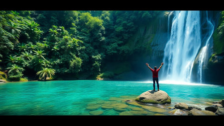Man standing on rock and looking at beautiful waterfall in the jungle.