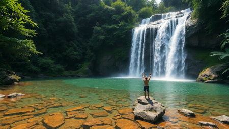 Man standing in front of beautiful waterfall in green forest, Thailand.
