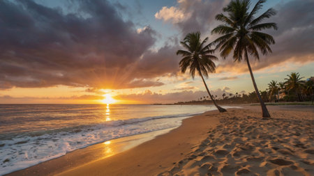 Tropical beach with palm trees at sunset in Sri Lanka.の写真素材