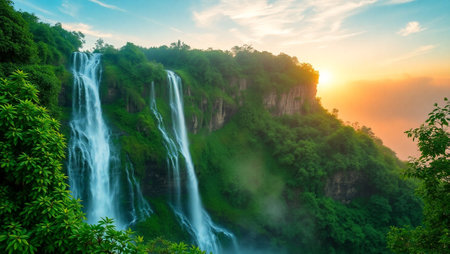 Tad Mok waterfall at sunrise, Tak Province, Thailand.の写真素材