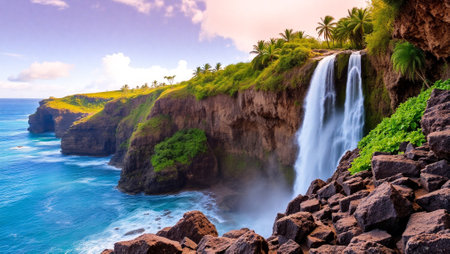 Waterfall on Maui island, Hawaii, USA. Panoramic viewの写真素材