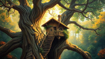Wooden house in the forest. 3D rendering. Fantasy.