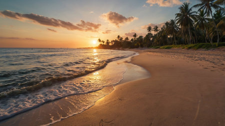 Beautiful tropical beach with palm trees at sunrise in Sri Lanka.の写真素材