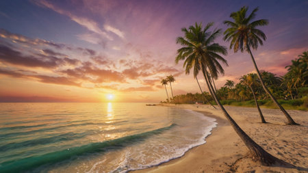 Tropical beach with coconut palm trees at sunset, panoramaの写真素材