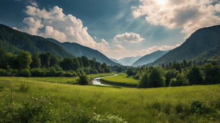 Beautiful summer landscape in the mountains. Green meadow and riverの写真素材