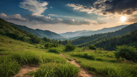 Mountain landscape at sunset. Panoramic view of the mountains and forest.の写真素材