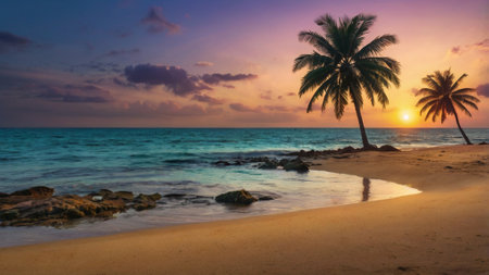 Tropical beach with coconut palm trees at sunset. Nature backgroundの写真素材