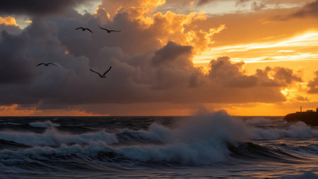 Seagulls flying over the stormy sea at sunset.