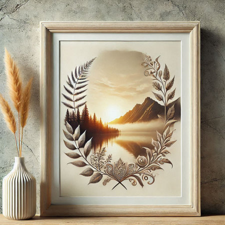 Picture frame on wooden shelf with lake and mountains. 3D rendering