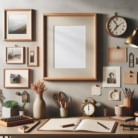 Mock up poster frame in home office interior background, 3d render