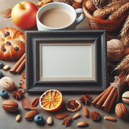 Cup of coffee with milk, cinnamon, anise, dried orange and nuts on brown background