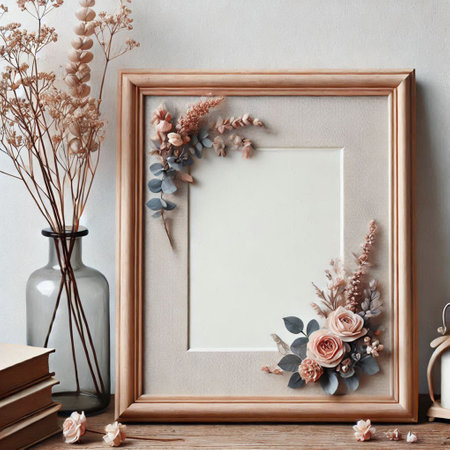 Vintage frame mockup with eucalyptus branches and dried flowers in vase on wooden tableの写真素材