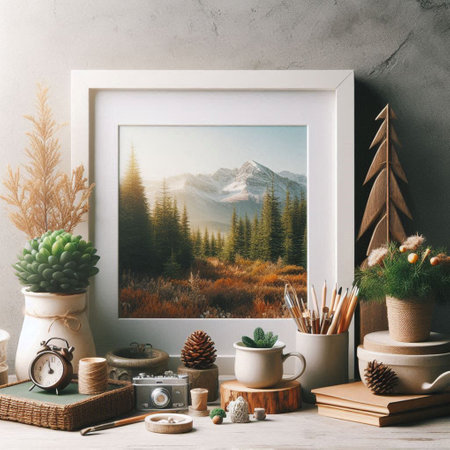 Modern scandinavian interior with mock up photo frame, pine cones, coffee cup, books, potted plants and mountains in the background.の写真素材