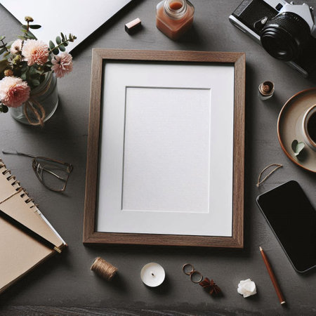 Flat lay composition with photo frame and stationery on grey backgroundの写真素材
