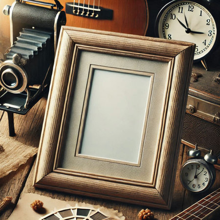 Vintage photo frame with retro camera and other objects on wooden backgroundの写真素材