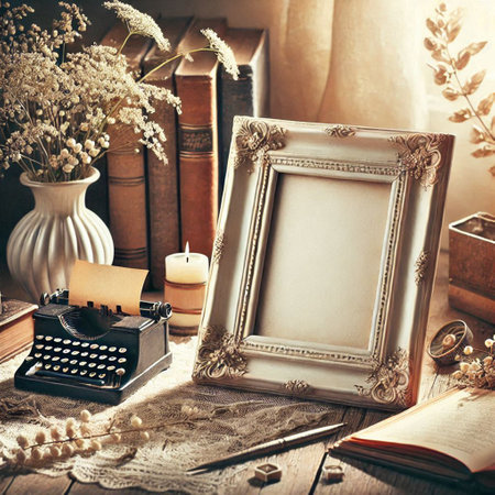 Vintage still life with antique typewriter, books, books and flowersの写真素材