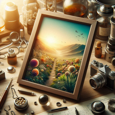 Composition with vintage photo frames and tools on wooden table. Retro style toned imageの写真素材
