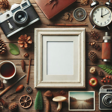Flat lay composition with photo frame, vintage camera, coffee cup, autumn leaves, pine cones and other items on wooden background. Mock upの写真素材