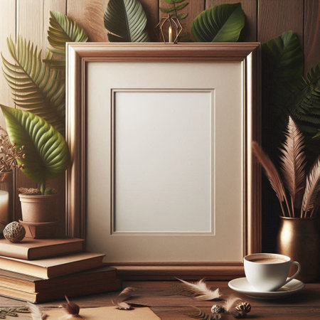 Mock up blank frame, coffee cup, books and tropical leaves on wooden background. 3d renderの写真素材