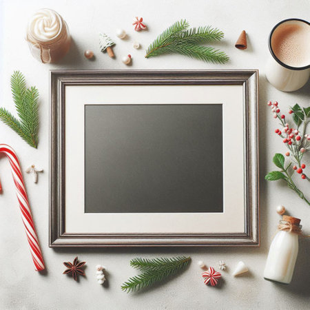 Mock up frame with christmas decoration on white background. Flat lay, top viewの写真素材