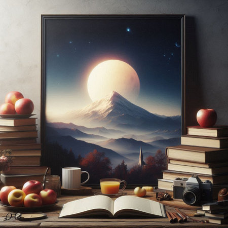 Mt. Fuji, books, coffee and apple on a wooden tableの写真素材