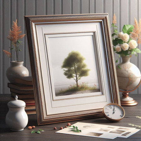 3d rendering of a wooden frame with a picture of a tree