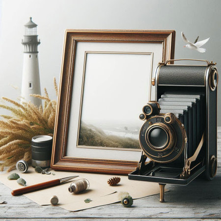 Vintage camera, blank photo frame, seashells and pen on a wooden table.の写真素材