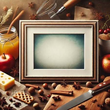 Wooden frame with ingredients for cooking apple pie on rustic backgroundの写真素材