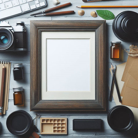 Top view of modern workplace with blank photo frame, coffee cup, camera and other items. Mock upの写真素材